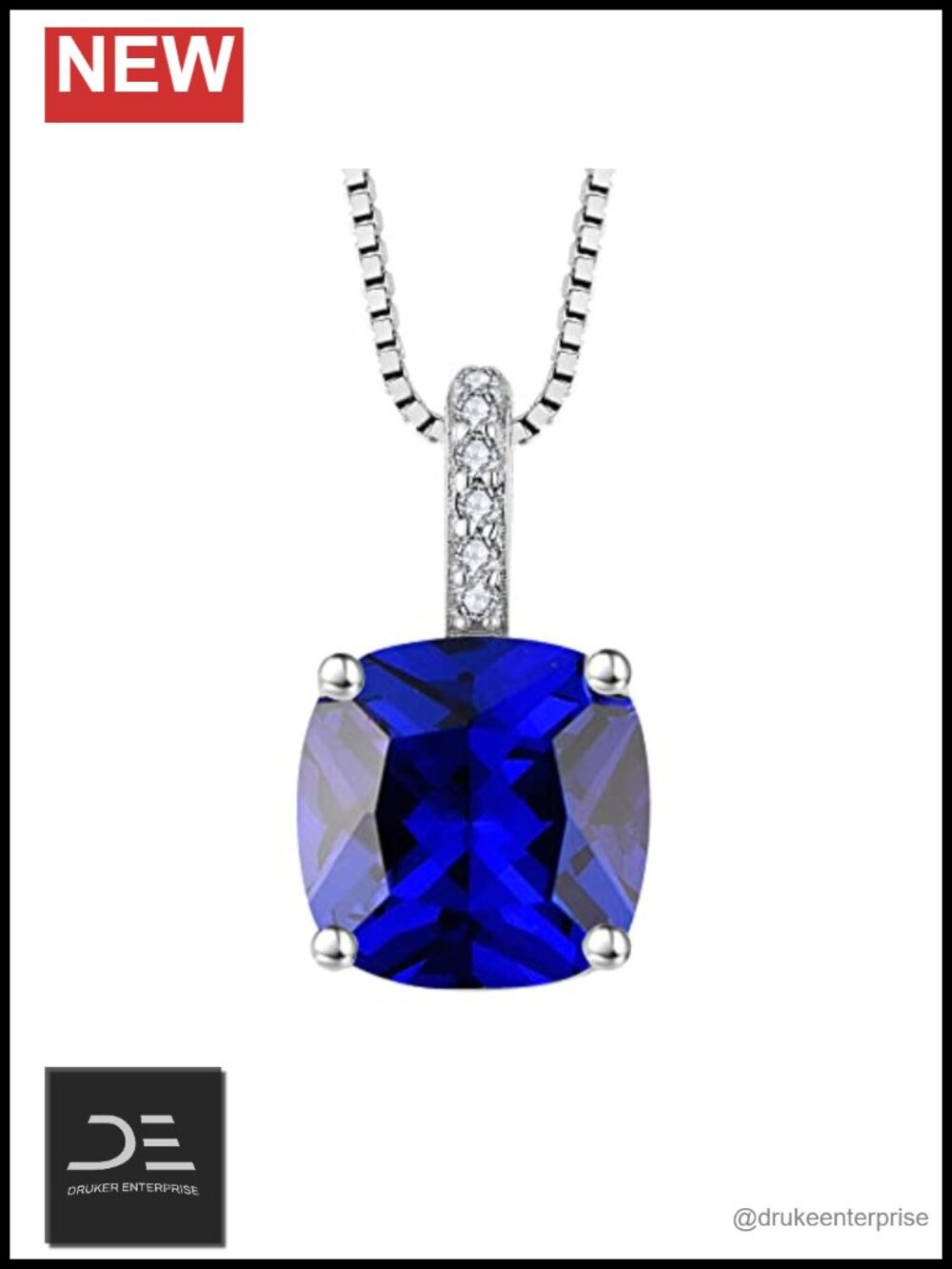 925 Sterling Silver White Gold Plated Sapphire Pendant Necklace September